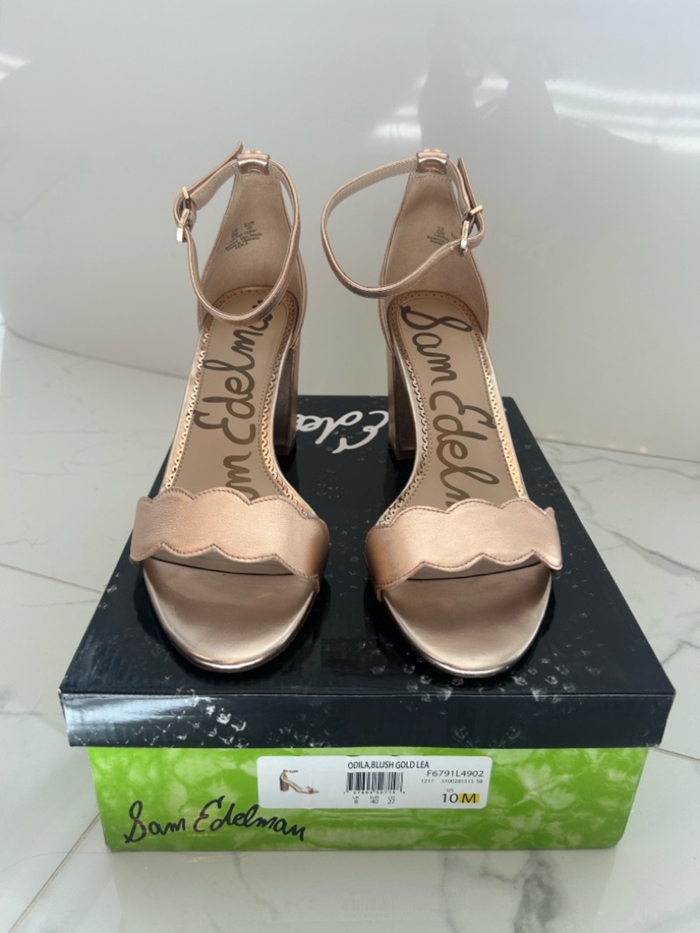 Sam Edelman Rose Gold Scalloped Ankle-Strap Block Heels